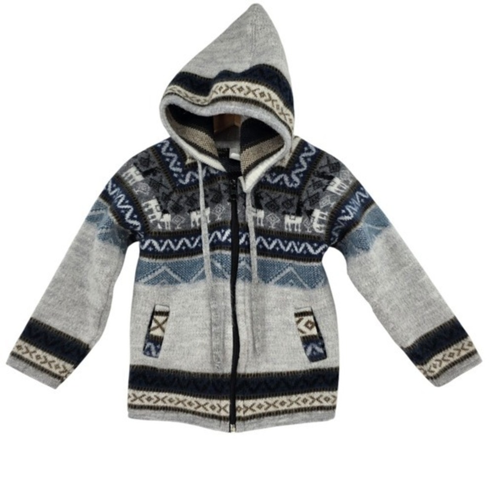 Boys‎ 18M Handmade Blue Gray Full Zip Hooded Alpaca Sweater